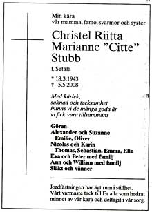 Christel Stubb, kuolinilmoitus